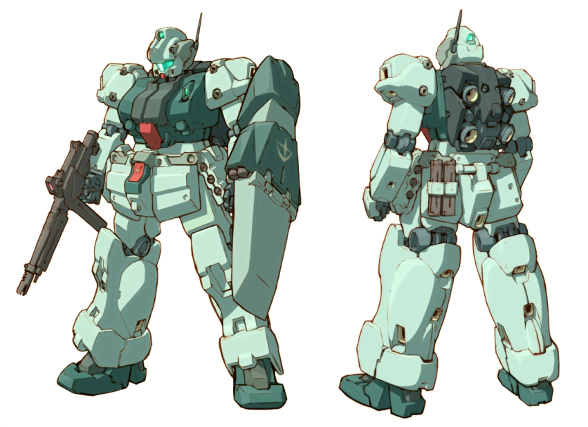 assault_rifle back battery beam_rifle blue_visor char&#039;s_counterattack commentary_request comparison concept_art derivative_work earth_federation energy_gun gun gundam holding holding_weapon jegan machinery magazine_(weapon) mecha mecha_focus missile_pod mobile_suit multiple_views no_humans original radio_antenna redesign rifle robot roundel science_fiction scope shield tessaku_ro thrusters vernier_thrusters weapon