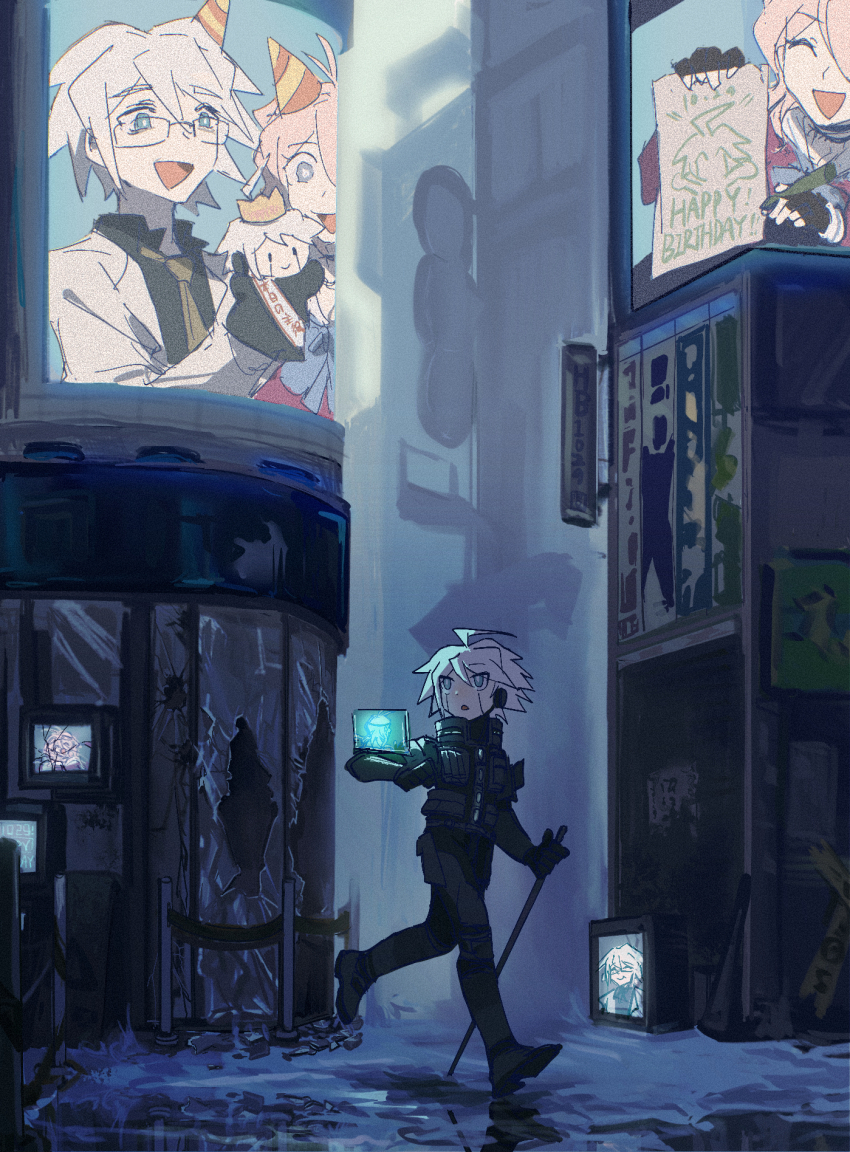 1girl 2boys ahoge android antenna_hair armor blonde_hair blue_eyes broken_window commentary_request crack cracked_glass danganronpa_(series) danganronpa_v3:_killing_harmony glasses hair_between_eyes hand_puppet happy_birthday highres iruma_miu k1-b0 long_hair long_sleeves male_focus monitor multiple_boys open_mouth outdoors pants power_armor professor_iidabashi puppet robot robot_ears ruins running scenery screen short_hair smile white_hair xian_(axxxx-721)