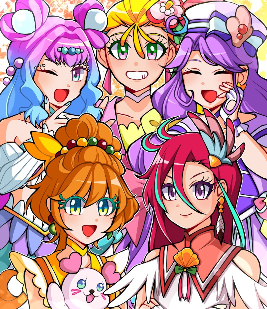1jumangoku 5girls antenna_hair aqua_hair asymmetrical_bangs beads beehive_hairdo blonde_hair blue_bow blue_hair blue_nails blue_tube_top bow bowtie brown_hair butterfly_hair_ornament choker closed_mouth clothing_cutout collar collarbone colored_eyelashes commentary_request creature cross-laced_clothes cross-laced_dress cure_coral cure_flamingo cure_la_mer cure_papaya cure_summer detached_collar detached_sleeves double_bun dress earrings everyone eyelash_ornament eyelashes feather_earrings feather_hair_ornament feather_sleeves feathers fingerless_gloves floating_earring flower frilled_gloves frilled_skirt frills gloves gradient_background gradient_hair green_bow green_bowtie green_eyes grin hair_beads hair_between_eyes hair_bobbles hair_bun hair_flower hair_ornament hand_on_own_cheek hand_on_own_chin hand_on_own_face hat hat_bow hat_ornament heart_cutout hibiscus high_collar highres holding holding_creature jewelry kururun_(precure) light_blush long_bangs long_hair long_sleeves looking_at_viewer low_twintails magical_girl midriff multicolored_eyes multicolored_hair multiple_girls nail_polish one_eye_closed open_mouth orange_background orange_collar pearl_hair_ornament pink_choker pink_dress pink_eyes pink_flower pink_hair precure purple_dress purple_eyes purple_hair purple_skirt purple_sleeves red_hair sailor_hat shell_hat_ornament short_sleeves shoulder_cutout single_hair_bun single_strap skirt sleeveless sleeveless_dress sleeves_past_wrists smile star_(symbol) star_earrings straight_hair strapless streaked_hair striped_bow tassel tassel_earrings tropical-rouge!_precure tube_top twintails two-tone_eyes upper_body v v-shaped_eyebrows vertical-striped_sleeves very_long_hair white_dress white_gloves white_headwear white_sleeves yellow_background yellow_choker yellow_dress