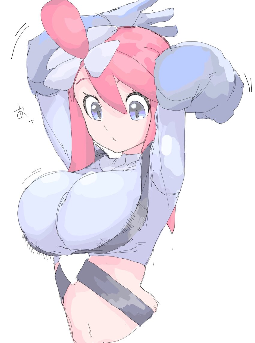 1girl blue_eyes breasts crop_top gloves highres large_breasts long_hair long_sleeves mocamocaink nintendo pokemon pokemon_bw red_hair skyla_(pokemon) white_background