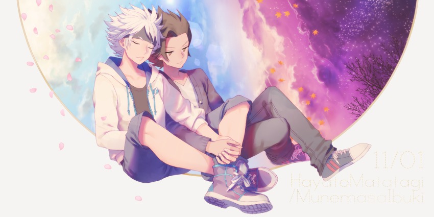 10s 2boys brown_eyes brown_hair comic holding_hands headband hood hoodie hs2 ibuki_munemasa inazuma_eleven_(series) inazuma_eleven_go inazuma_eleven_go_galaxy jacket leaf lens_flare male_focus matatagi_hayato multiple_boys open_clothes open_jacket short_hair sitting sky star_(sky) starry_sky tree white_hair yaoi