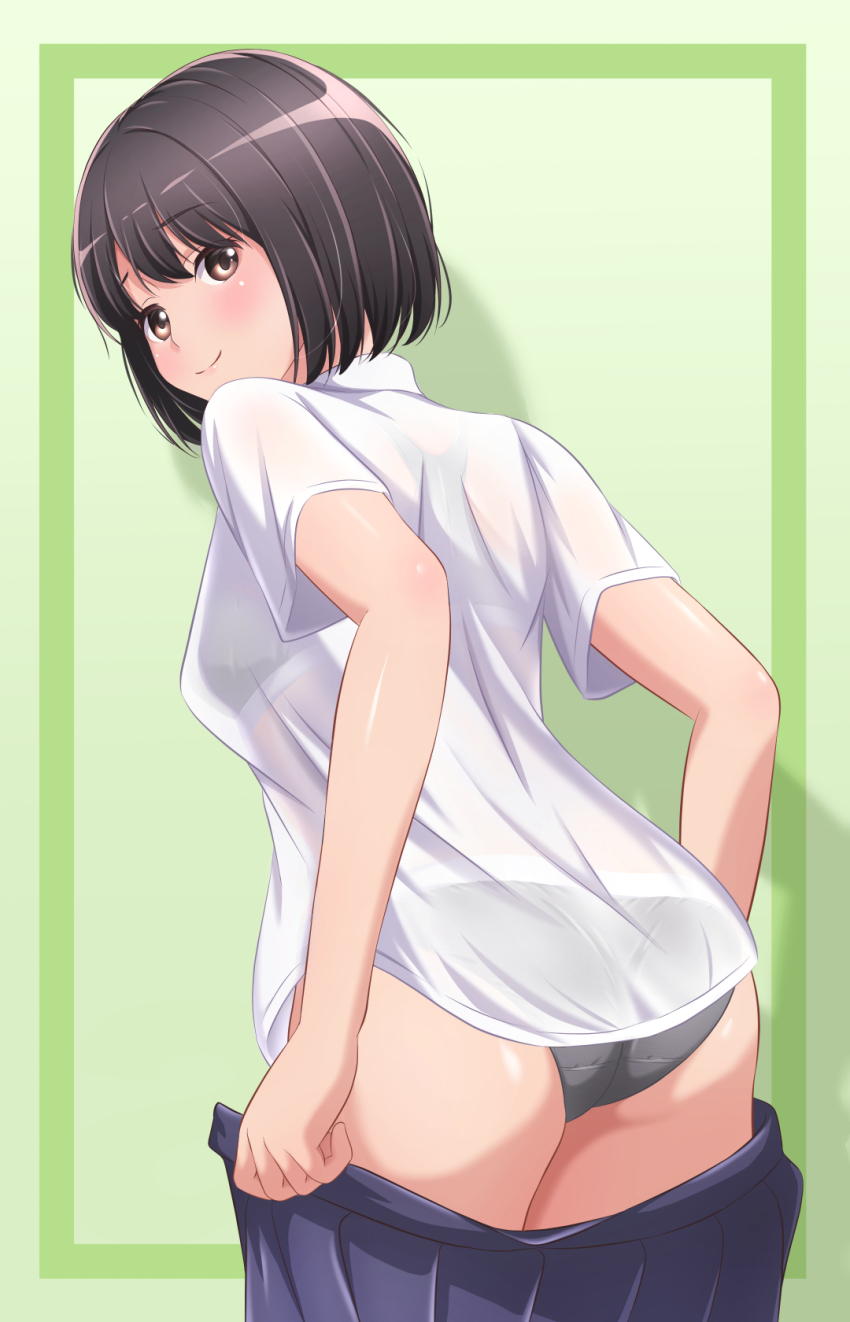 1girl akippoi_0919 ass black_eyes black_hair black_panties blue_skirt bralines closed_mouth clothes_pull commentary crotch_seam dress_shirt from_behind green_background highres leaning_forward looking_at_viewer looking_back open_clothes open_skirt original panties pleated_skirt pulling_own_clothes school_uniform see-through_clothes see-through_shirt shirt short_hair short_sleeves skirt skirt_pull smile solo standing underwear undressing white_shirt