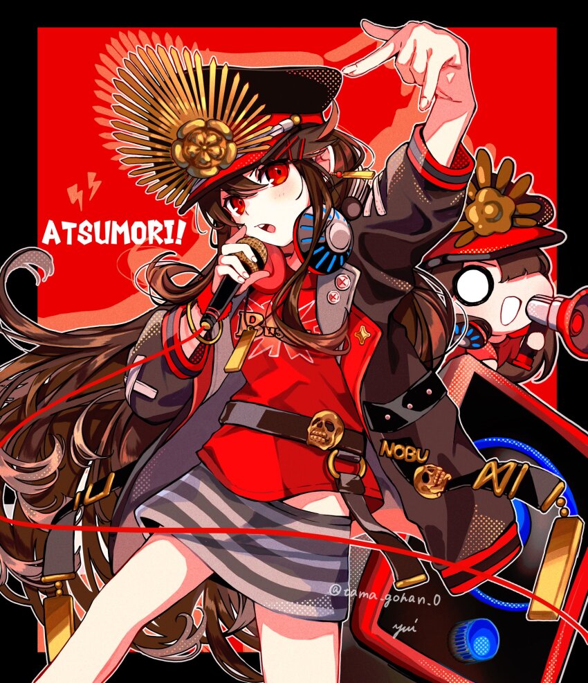 brown_hair chibi chibi_inset crest family_crest fate/grand_order fate_(series) hat headphones headphones_around_neck highres long_hair megaphone microphone music oda_nobunaga_(fate) oda_nobunaga_(swimsuit_berserker)_(first_ascension)_(fate) outside_border red_eyes shorts singing skirt skull striped_clothes striped_skirt very_long_hair yui_(tamagohan)