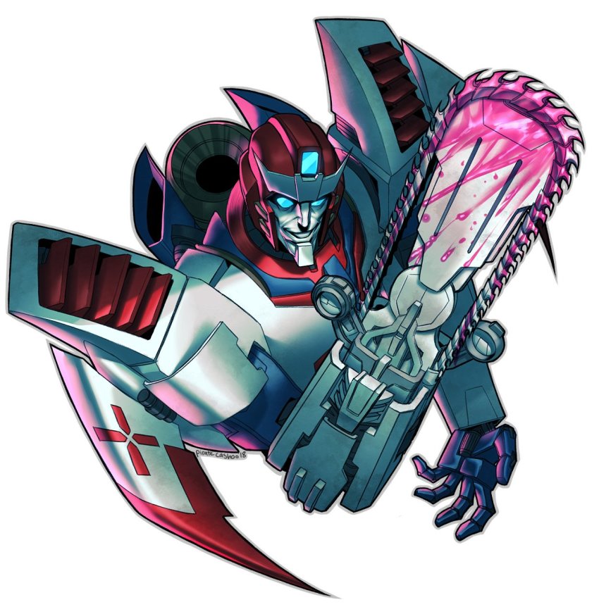 1boy autobot blood cachet chainsaw energon glowing glowing_eyes grin highres jpeg_artifacts male_focus mecha no_humans pharma robot science_fiction smile solo transformers