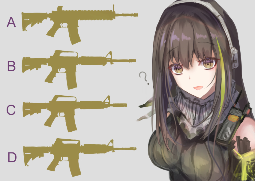 1girl ? absurdres bandana bare_shoulders brown_eyes brown_hair colt_commando girls&#039;_frontline green_hair grey_background gun headset highres long_hair m4a1_(girls&#039;_frontline) martinreaction multicolored_hair open_mouth quiz ribbed_sweater rifle simple_background sleeveless sleeveless_sweater solo streaked_hair sweater two-tone_hair weapon