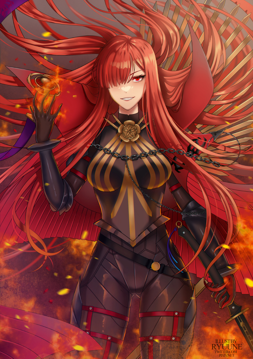 1girl armor belt black_bodysuit bodysuit bracer breastplate breasts cape chain collared_cape crest family_crest fate/grand_order fate_(series) hair_over_one_eye highres koha-ace large_breasts long_hair looking_at_viewer medallion oda_nobunaga_(fate) oda_nobunaga_(maou_avenger)_(fate) oda_uri popped_collar red_cape red_eyes red_hair ryuuneart solo thighs very_long_hair