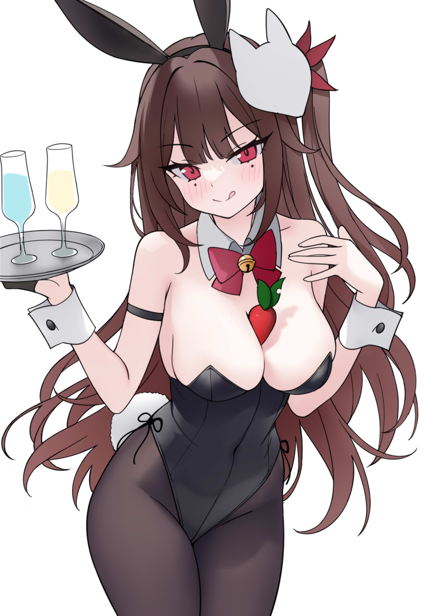 1girl :q absurdres alternate_costume alternate_hairstyle animal_ear_hairband animal_ears arm_strap bare_shoulders black_gloves black_leotard black_pantyhose blush bow bowtie breasts brown_hair carrot catyu champagne_flute chinese_commentary circle_facial_mark closed_mouth collar commentary_request covered_navel cowboy_shot cup detached_collar drinking_glass fake_animal_ears food_between_breasts fox_mask gloves hairband half_gloves hands_up has_bad_revision highleg highleg_leotard highres holding holding_tray honkai:_star_rail honkai_(series) large_breasts leotard long_hair looking_at_viewer mark_under_both_eyes mask mask_on_head md5_mismatch pantyhose playboy_bunny rabbit_ear_hairband rabbit_ears red_bow red_bowtie red_eyes side_ponytail simple_background single_half_glove smile solo sparkle_(honkai:_star_rail) strapless strapless_leotard tongue tongue_out tray very_long_hair white_background white_collar white_wrist_cuffs wrist_cuffs