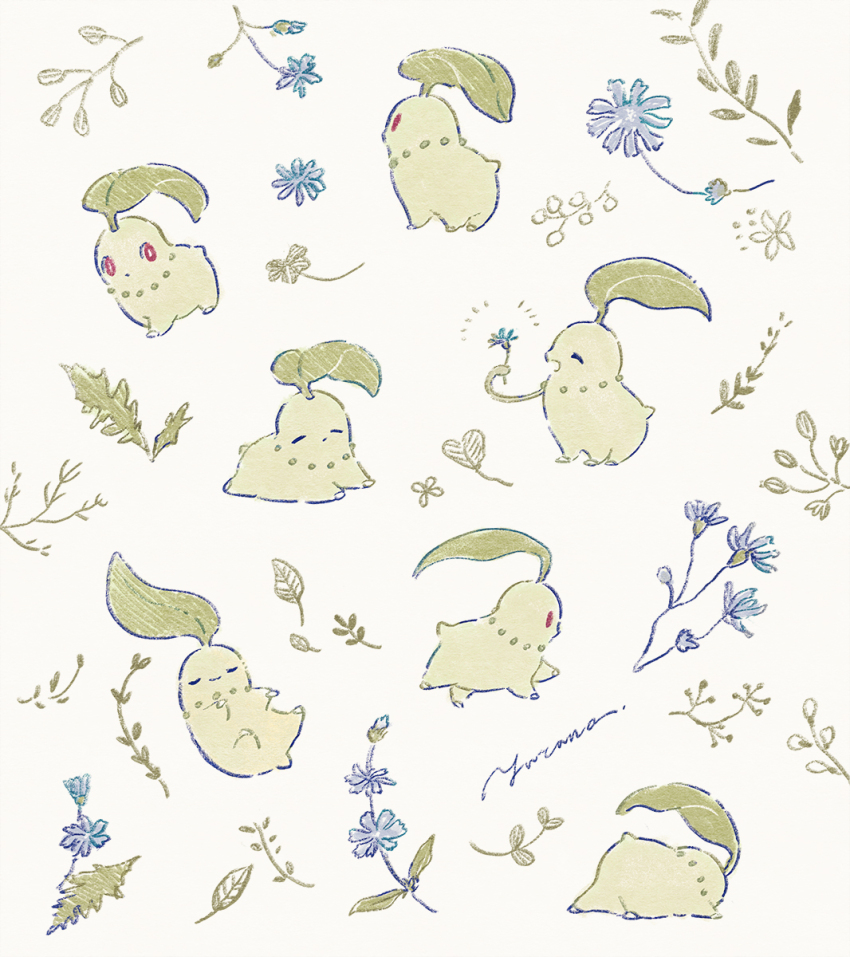 blue_flower branch chicory_(flower) chikorita closed_eyes closed_mouth commentary_request flower full_body gen_2_pokemon grey_background highres holding holding_flower leaf leaf_on_head lying multiple_views nintendo no_humans on_back on_stomach open_mouth plant pokemon pokemon_(creature) red_eyes signature simple_background vines walking yurano_(upao)