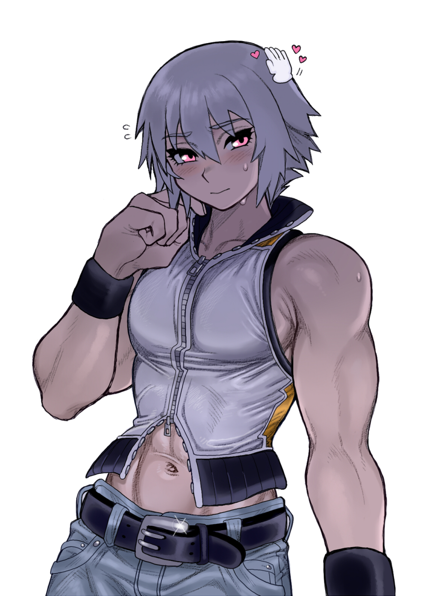 1boy bare_shoulders belt chuchubreeze closed_mouth clothing_cutout commentary dream_eater_(kingdom_hearts) english_commentary flying_sweatdrops gameplay_mechanics grey_hair headpat heart highres kingdom_hearts kingdom_hearts_3d:_dream_drop_distance male_focus navel navel_cutout pants partially_unzipped pink_eyes riku_(kingdom_hearts) short_hair sweatdrop toned toned_male
