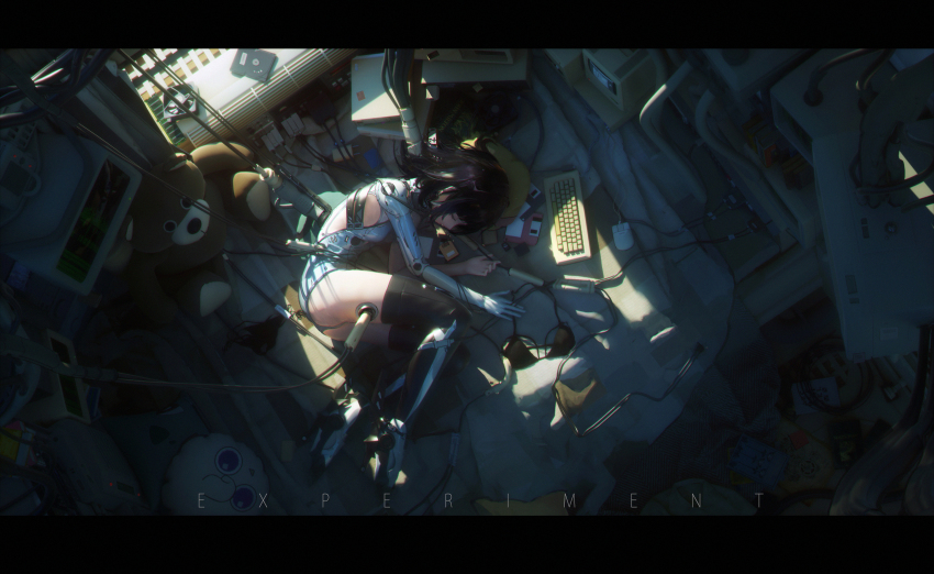 1girl 3d absurdres air_conditioner ass black_boots black_bra black_hair black_panties book boots bra breasts cable chromatic_aberration closed_eyes closed_mouth clothes computer computer_fan computer_keyboard computer_mouse cushion cyborg day english_text female_focus fen_bang_laoda floppy_disk from_above full_body gen_1_pokemon hard_drive high_heels highres indoors jigglypuff leotard letterboxed lying mechanical_arms nintendo on_bed on_side original panties pokemon pokemon_(creature) ram_(computer) scenery sd_card short_hair side-tie_panties sidelocks single_mechanical_arm sleeping small_breasts solo stuffed_animal stuffed_toy subdermal_port teddy_bear thigh_boots thighhighs underwear white_leotard