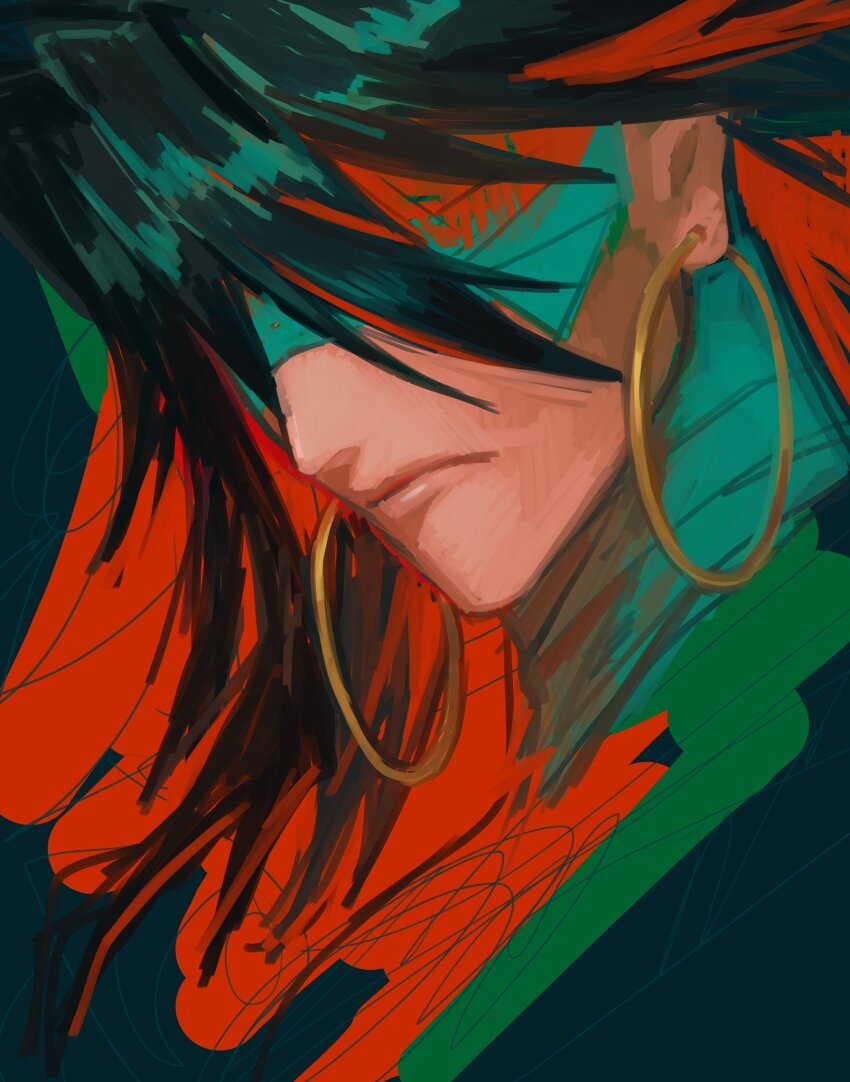1boy blindfold earrings fate/grand_order fate_(series) green_background green_hair highres hoop_earrings jewelry long_hair male_focus multicolored_hair ono_no_takamura_(fate) portrait red_hair sketch solo ta_11_ta_22 two-tone_hair