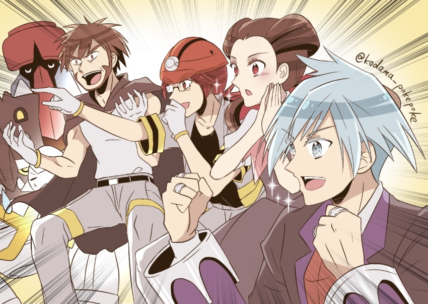 1girl 3boys bastiodon beard belt black_shirt brown_hair byron_(pokemon) cape cranidos dress facial_hair father_and_son gaijin_4koma_(meme) gen_3_pokemon gen_4_pokemon glasses gloves grey_eyes grey_hair helmet jacket jewelry kodama_pokepoke long_hair meme metagross multiple_boys nintendo open_clothes open_jacket open_mouth own_hands_together pants parody pointing pokemon pokemon_(creature) pokemon_dppt pokemon_oras probopass red_eyes red_hair ring roark_(pokemon) roxanne_(pokemon) shirt short_hair sleeveless sleeveless_shirt steven_stone twitter_username white_gloves