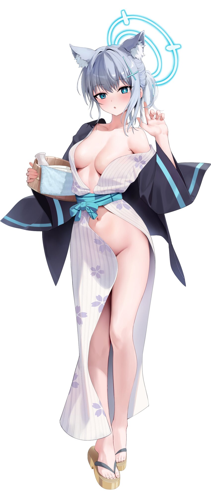 1girl :o absurdres alternate_costume alternate_hairstyle animal_ear_fluff animal_ears asymmetrical_sidelocks bath_yukata blue_archive blue_eyes blue_halo blue_sash blush breasts bucket collarbone cross cross_hair_ornament floral_print floral_print_kimono full_body grey_hair groin hair_intakes hair_ornament halo hand_up haori highres holding holding_bucket inverted_cross japanese_clothes kimono long_sleeves looking_at_viewer medium_breasts mismatched_pupils navel no_bra no_panties obi open_clothes open_kimono open_mouth ponytail print_kimono rable sandals sash shiroko_(blue_archive) simple_background single_off_shoulder solo standing white_background white_kimono wide_sleeves wolf_ears wooden_bucket yellow_sandals yukata zouri