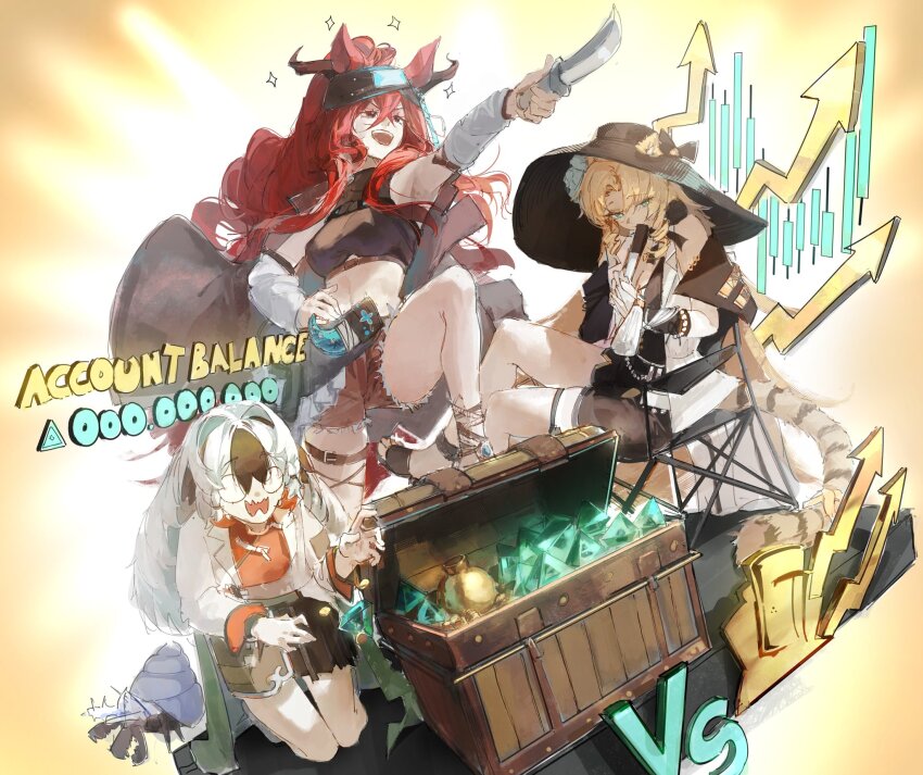 3girls absurdly_long_hair animal_ears arknights arm_warmers armpit_crease bare_shoulders blonde_hair blue_eyes cannot_goodenough chest_(furniture) coat crystal gandy_(gan3e46) gold highres horse_ears long_hair midriff multiple_girls narantuya_(arknights) open_mouth pointing pointing_forward red_eyes red_hair red_shirt shirt shorts simple_background smile snowsant_(arknights) swire_(arknights) swire_the_elegant_wit_(arknights) tail tiger_ears tiger_tail very_long_hair white_hair wide_brim