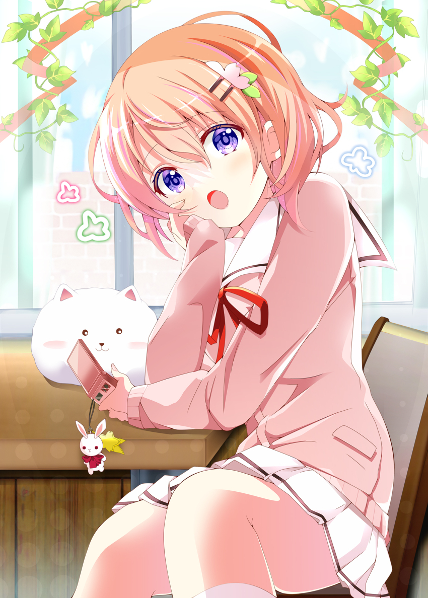 1girl :o angora_rabbit arm_on_table blurry blurry_background blush brown_hair cellphone chair commentary_request elbow_on_table flip_phone gochuumon_wa_usagi_desu_ka? hair_between_eyes hair_ornament hairclip hand_on_own_cheek hand_on_own_face head_rest highres holding holding_phone hoto_cocoa hoto_cocoa&#039;s_school_uniform indoors kohakugin long_sleeves looking_at_viewer miniskirt neck_ribbon open_mouth phone pink_sweater pleated_skirt purple_eyes rabbit ribbon sailor_collar school_uniform short_hair sitting skirt solo sweater tippy_(gochiusa) white_sailor_collar white_skirt