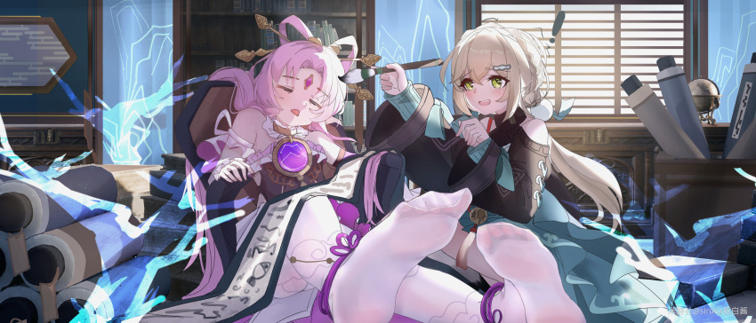 ! 2girls absurdres bare_shoulders bow-shaped_hair brown_hair closed_eyes detached_sleeves dress forehead_jewel fu_xuan_(honkai:_star_rail) highres holding holding_paintbrush honkai:_star_rail honkai_(series) indoors long_hair long_sleeves looking_at_viewer multiple_girls nervous_smile no_shoes off_shoulder open_mouth paintbrush pantyhose pink_hair qingque_(honkai:_star_rail) siroka smile white_pantyhose