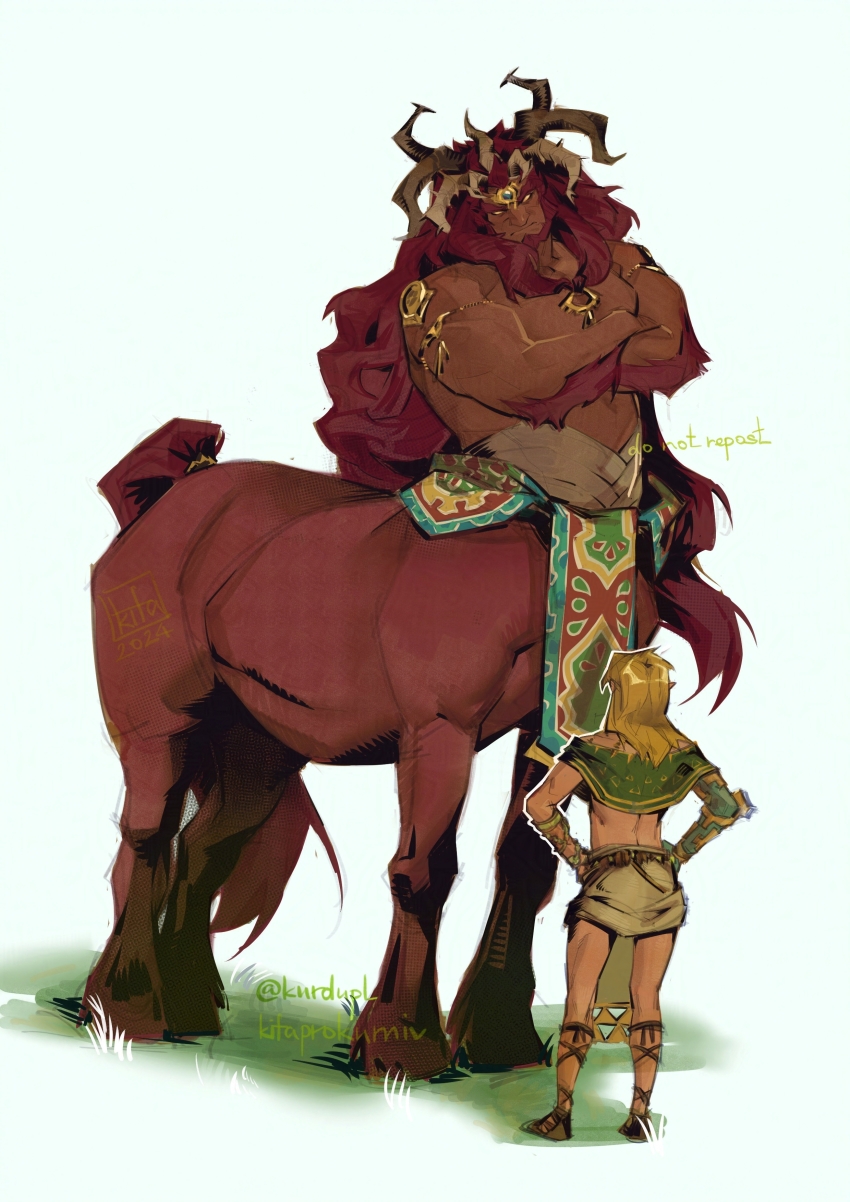 2boys absurdres bara beard body_fur centaur crossed_arms dark_skin demon_boy demon_horns earrings facial_hair full_beard ganondorf grass highres horns jewelry kurdupl large_pectorals link long_hair male_focus mature_male monster_boy monsterification multiple_boys muscular muscular_male nintendo pectorals pelvic_curtain pointy_ears red_hair size_difference standing taur the_legend_of_zelda thick_beard thick_eyebrows very_long_hair