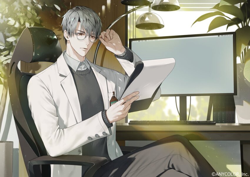 1boy adjusting_eyewear black_pants bloom book breast_pocket brown_eyes chair clipboard closed_mouth coat collared_shirt commentary_request company_name computer computer_keyboard copyright_notice crossed_legs desk floor_lamp flower_pot glasses grey-framed_eyewear grey_hair grey_sweater hair_between_eyes hands_up hitotsubashi_ayato holding holding_clipboard id_card indoors lab_coat lamp lapels light_particles long_sleeves male_focus monitor nijisanji official_art on_chair open_clothes open_coat pants paper plant pocket potted_plant second-party_source semi_(p-poco) shirt short_hair sitting solo sweater swivel_chair table virtual_youtuber white_coat white_shirt window window_blinds wing_collar