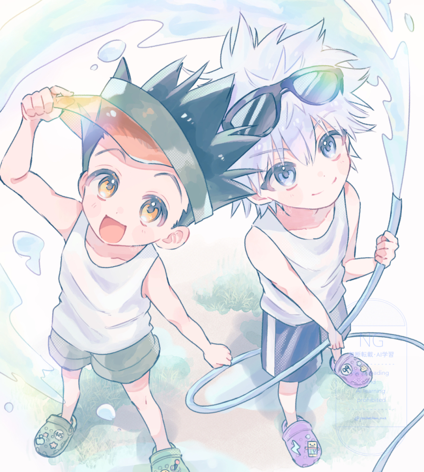 2boys :d bare_arms bare_shoulders black_hair blue_eyes blue_shorts closed_mouth collarbone commentary_request crocs eyewear_on_head full_body gon_freecss green_shoes green_shorts hand_on_headwear hat highres holding holding_hose hose hunter_x_hunter killua_zoldyck looking_at_viewer male_focus multiple_boys open_mouth orange_hat poche_(opochepoche) purple_shoes shirt shoes short_hair shorts sleeveless sleeveless_shirt smile spiked_hair standing sunglasses visor_cap water watermark white_hair white_shirt yellow_eyes