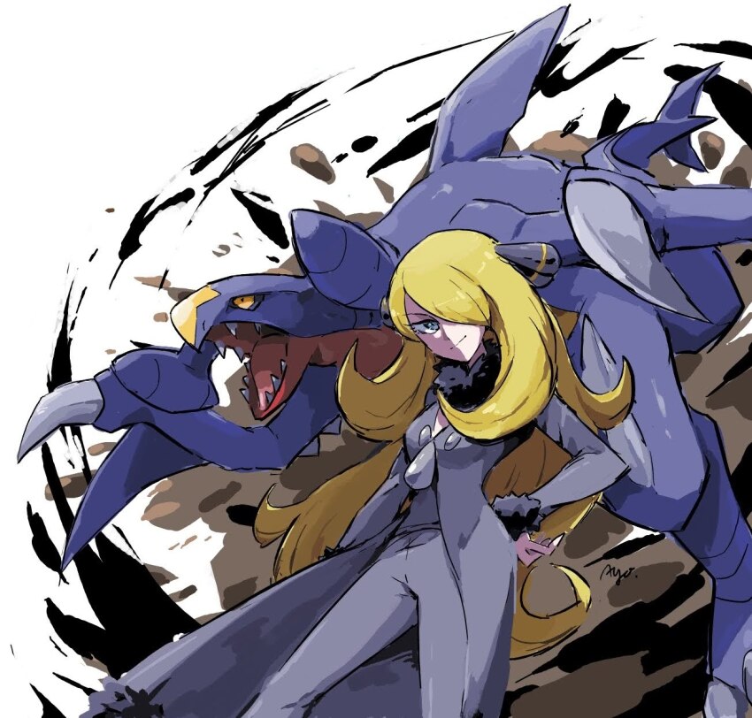 1girl arm_fins ayo_(ayosanri009) black_coat black_sclera blonde_hair breasts claws cleavage closed_mouth coat colored_sclera cynthia_(pokemon) debris dirt earth_(ornament) fins fish_tail fur-trimmed_coat fur_collar fur_trim garchomp gen_4_pokemon grey_eyes hair_ornament hair_over_one_eye hand_on_own_hip highres long_hair looking_at_viewer midair nintendo open_mouth pants pokemon pokemon_(creature) pokemon_dppt rock shark_tail sharp_teeth smile spikes standing tail teeth very_long_hair yellow_eyes