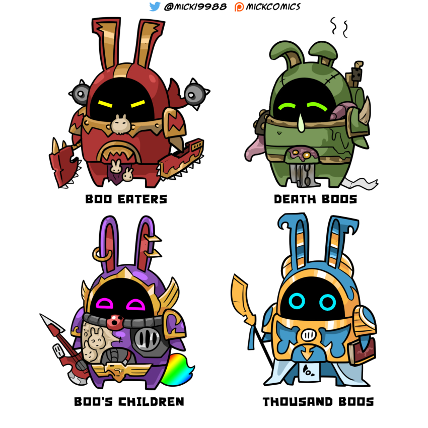 4others axe bangboo_(zenless_zone_zero) book chain_axe chainsword crossover death_guard dual_wielding earrings electric_guitar emperor&#039;s_children guitar highres holding holding_axe holding_book holding_guitar holding_instrument holding_polearm holding_sword holding_weapon instrument jewelry mick19988 multiple_others no_humans polearm spear sword tentacles thousand_sons warhammer_40k weapon world_eaters zenless_zone_zero