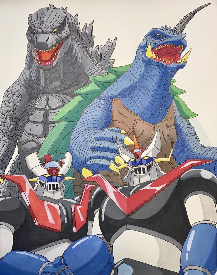 1960s_(style) 1970s_(style) absurdres claws crossover daiei_film emperor_majin_z fang fangs gamera gamera_(series) gamera_3:_revenge_of_iris giant giant_monster godzilla godzilla:_king_of_the_monsters godzilla_(2014) godzilla_(series) godzilla_vs._kong great_mazinger great_mazinger_(robot) green_eyes highres jaw kaiju king_kong_(series) mazinger_(series) mazinger_z mazinger_z_(mecha) mecha monster monsterverse multiple_crossover muscular no_humans oldschool open_mouth pilder reptilian retro_artstyle robot scales science_fiction sharp_teeth size_comparison spikes spines super_robot tail teeth toho tokusatsu tortoise turtle turtle_shell tusks yellow_eyes
