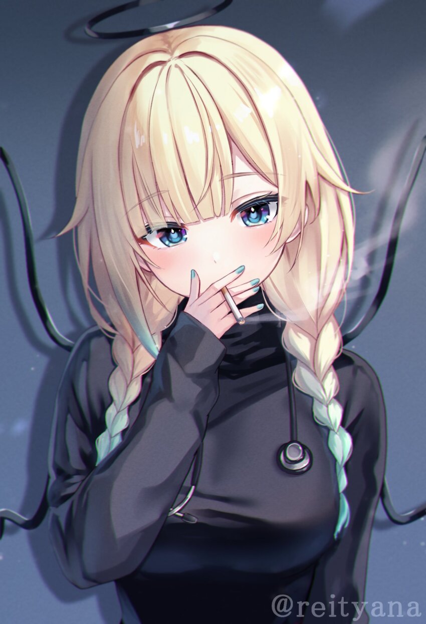 1girl aizawa_ema black_halo black_sweater blonde_hair blue_eyes blue_hair blue_nails blunt_bangs braid breasts cigarette fake_halo fake_wings gradient_hair hair_flaps hair_over_shoulder halo head_tilt highres large_breasts long_hair long_sleeves looking_at_viewer multicolored_hair reityana smoke smoking solo stethoscope sweater taut_sweater twin_braids twitter_username upper_body virtual_youtuber vspo! wings