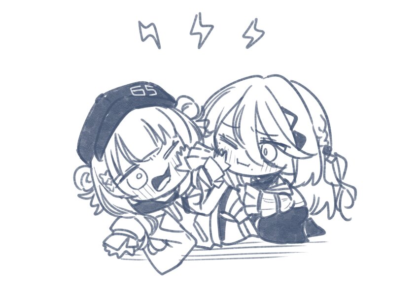 2girls absurdres chibi closed_mouth double_bun hair_between_eyes hair_bun highres kaburaki_roco kaburaki_roco_(1st_costume) kashikaze long_hair long_hair_between_eyes long_sleeves mole mole_under_each_eye mole_under_eye mole_under_mouth monochrome multiple_girls multiple_moles nijisanji one_eye_closed open_mouth short_hair simple_background sophia_valentine sophia_valentine_(1st_costume) virtual_youtuber