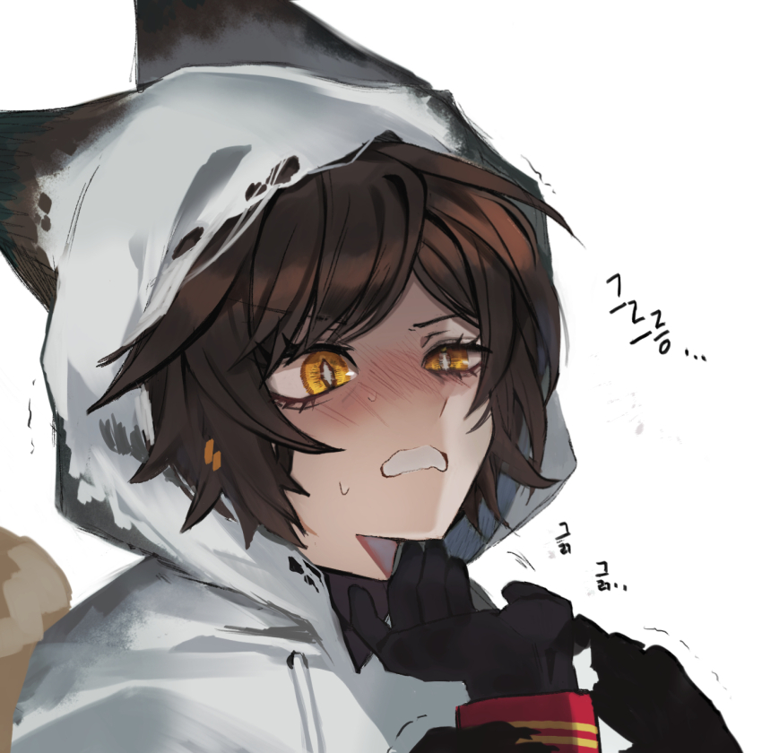 1girl 1other animal_ears black_gloves blush brown_hair clenched_teeth cloak dante_(limbus_company) e.g.o_(project_moon) fox_ears full-face_blush gloves highres hood hooded_cloak limbus_company other_with_female outis_(project_moon) petting project_moon raincoat short_hair simple_background solo sunshower_(e.g.o) sweat teeth white_background white_cloak white_raincoat yippee