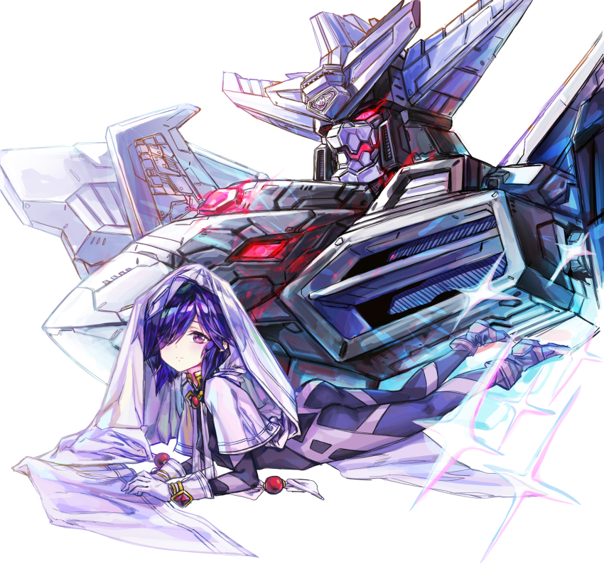 1girl absurdres arma-019 ass boots breasts capelet eye_trail gloves greatwhite1122 hair_over_one_eye hakaiou:_gaogaigar_vs._betterman highres king_j-der light_trail looking_at_viewer lying mecha on_stomach one_eye_covered purple_capelet purple_footwear purple_gloves purple_veil red_eyes robot short_hair skin_tight small_breasts sparkle super_robot upper_body v-fin veil white_background yuusha_ou_gaogaigar_final yuusha_series