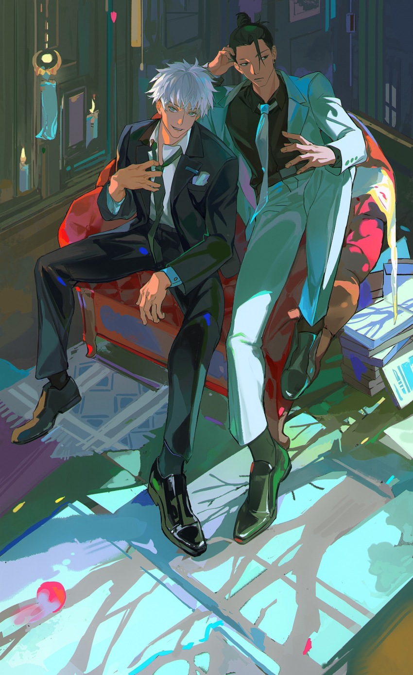 2boys absurdres adjusting_clothes adjusting_necktie arm_up bare_tree black_hair black_necktie black_pants black_shirt black_shoes black_socks black_suit book book_stack breast_pocket chinese_commentary closed_mouth collared_shirt commentary_request dress_shoes formal_clothes getou_suguru gojou_satoru grey_eyes highres indoors jujutsu_kaisen lapels layered_sleeves listencareful long_sleeves looking_to_the_side male_focus multiple_boys necktie notched_lapels pants pocket pocket_square rug shadow shirt shoes sideways_glance sitting smile socks suit teeth topknot tree white_hair white_necktie white_pants white_shirt white_suit wing_collar
