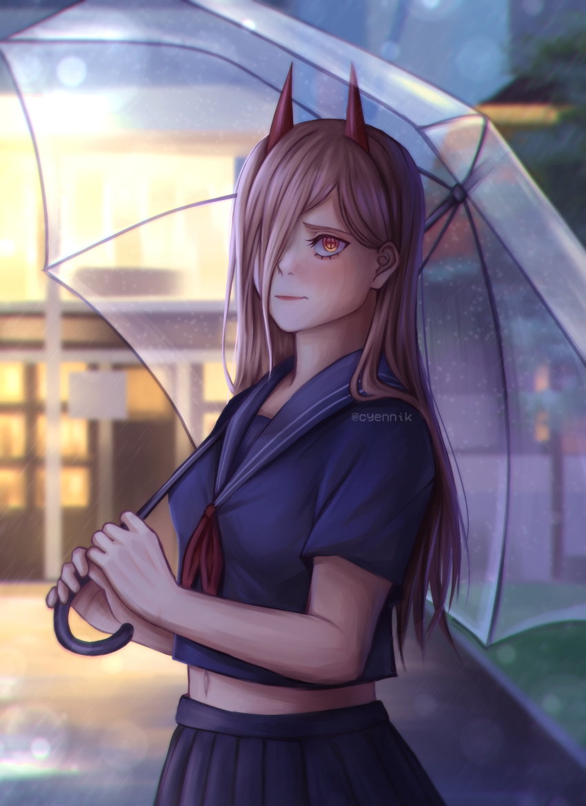 1girl absurdres black_serafuku black_skirt blonde_hair blurry bokeh breasts building chainsaw_man commentary cross-shaped_pupils cyennik depth_of_field english_commentary eyebrows_hidden_by_hair hair_over_one_eye highres holding holding_umbrella horns long_hair medium_breasts midriff navel orange_eyes pleated_skirt power_(chainsaw_man) rain raised_inner_eyebrows red_horns school_uniform serafuku skirt solo symbol-shaped_pupils twitter_username umbrella upper_body