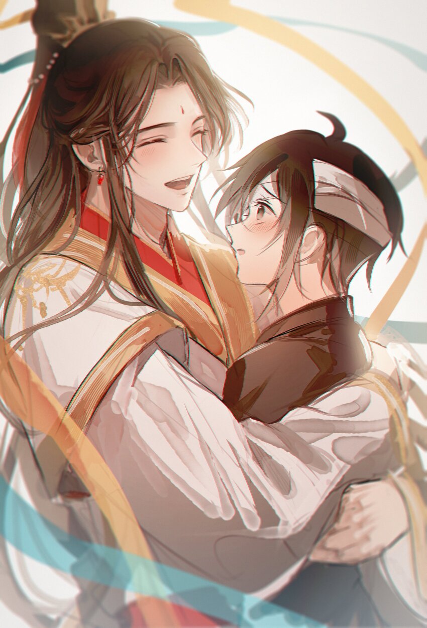 2boys absurdres aged_down ahoge bandaged_head bandages bishounen black_hair blue_shawl blush brown_eyes brown_hair brown_hanfu child chinese_clothes closed_eyes earrings facial_mark forehead_mark gold_trim hair_ornament half_updo hanfu high_ponytail highres hua_cheng hua_cheng_(young) hug jewelry long_hair long_sleeves looking_at_another male_focus multiple_boys official_alternate_costume official_alternate_hair_length official_alternate_hairstyle open_mouth ponytail shawl short_hair sidelocks simple_background smile tassel tassel_hair_ornament tianguan_cifu upper_body white_background white_hanfu wide_sleeves xiao_guan_(headdress) xie_lian xie_lian_(flower_crowned_martial_god) yaoi yellow_shawl young57440489