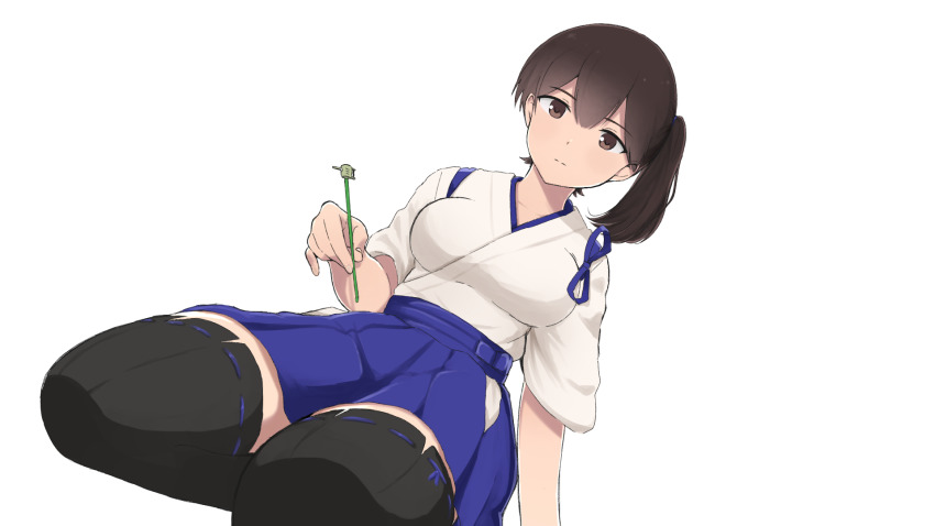 1girl blue_hakama breasts brown_eyes brown_hair gaiters hakama hakama_short_skirt hakama_skirt highres holding japanese_clothes kaga_(kancolle) kaga_kai_ni_(kancolle) kantai_collection long_hair medium_breasts mimikaki mochisaka_mitsuki muneate short_sidetail side_ponytail simple_background sitting skirt solo tasuki thighhigh_gaiters thighhighs white_background