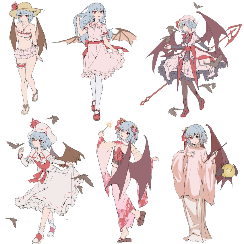 1girl absurdres alternate_costume alternate_hair_length alternate_hairstyle ascot baozi_hair_ornament bat_(animal) bat_wings bikini black_gloves black_pantyhose blue_hair bracelet brooch capelet chinese_clothes chinese_new_year collared_shirt commentary curiosities_of_lotus_asia dress english_commentary fang fingerless_gloves firecrackers flower food-themed_hair_ornament frilled_dress frilled_shirt_collar frilled_skirt frills full_body gloves hair_between_eyes hair_lift hair_ornament hand_in_own_hair hands_in_hair hanfu hat hat_flower hat_ribbon high_collar highres holding holding_lantern holding_own_arm holding_polearm holding_weapon jewelry koumajou_densetsu lantern leg_wrap long_hair long_sleeves looking_at_viewer mary_janes mob_cap multiple_views multiple_wings necklace official_alternate_costume open_mouth pantyhose paper_lantern pink_capelet pink_dress pink_hanfu pink_hat pink_shirt pink_skirt polearm puffy_short_sleeves puffy_sleeves red_eyes red_ribbon red_sash red_shoes remilia_scarlet ribbon sandals sash shirt shoes short_hair short_sleeves simple_background skirt skirt_hold skirt_set smile spear_the_gungnir standing standing_on_one_leg straw_hat swimsuit touhou weapon white_ascot white_background wide_sleeves wings youpofen