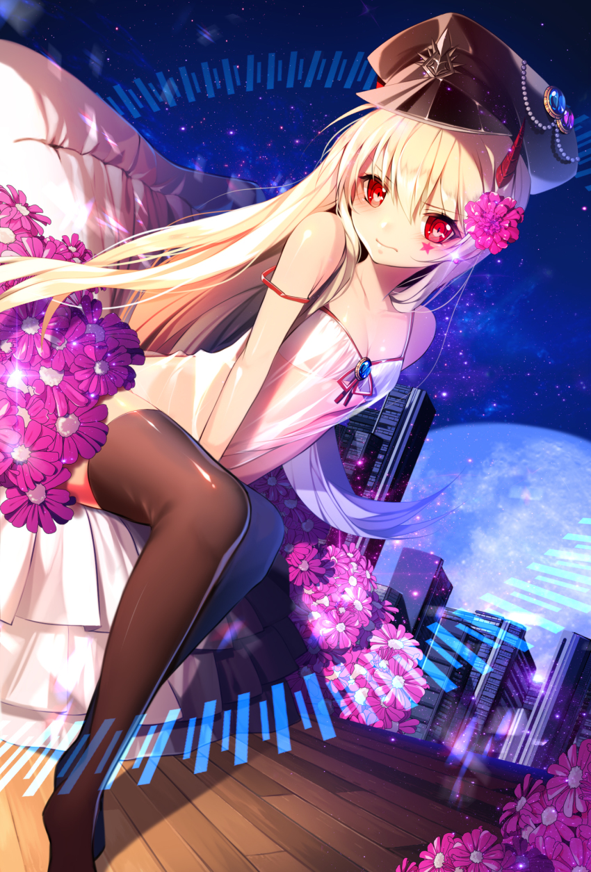 1girl bad_id bad_pixiv_id bare_arms black_thighhighs blonde_hair blush building city dress female_focus flower hat highres jewelry long_hair looking_at_viewer moon off_shoulder original peaked_cap red_eyes sky solo star_(symbol) sukja tattoo thighhighs