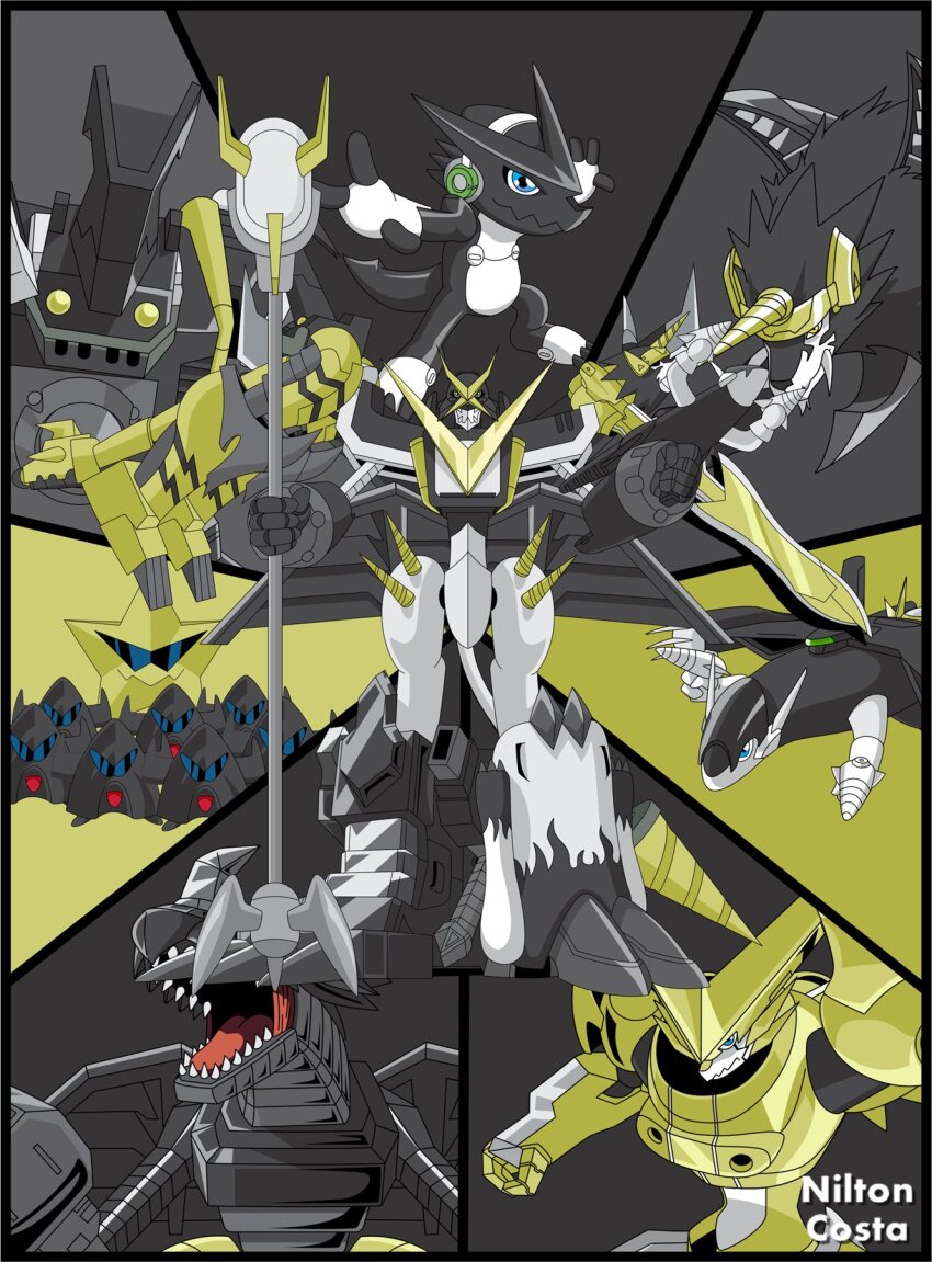 ballistamon blackshoutmon_x7 digimon digimon_xros_wars dorulumon highres nilton_costa omegashoutmon pickmon shoutmon_b shoutmon_x7 sparrowmon starmon_(digimon_xros_wars) tagme zekegreymon