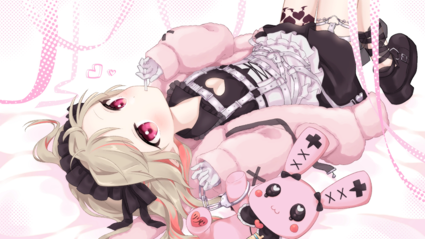 1girl absurdres ankle_lace-up ankle_ribbon ankle_strap apron belt black_dress black_headdress black_ribbon black_shoes blush breasts chain chest_harness cleavage cleavage_cutout clothing_cutout collared_dress colored_inner_hair corset cross-laced_clothes cross-laced_corset cuffs dress dutch_angle eating fangs forehead frilled_shirt_collar frills full_body grey_hair hair_intakes hair_spread_out handcuffs harness heart heart_cutout heart_o-ring highres jacket leg_ribbon leg_tattoo long_hair looking_at_viewer loose_belt lying maid maid_headdress makaino_ririmu makaino_ririmu_(5th_costume) mori_nsr multicolored_hair multiple_belts nijisanji o-ring o-ring_belt o-ring_thigh_strap on_back open_clothes open_jacket orion_cocoa_cigarettes pink_hair pink_jacket platform_shoes pointy_ears red_eyes ribbon shoes short_dress sidelocks sleeves_past_wrists small_breasts smile solo streaked_hair stuffed_animal stuffed_rabbit stuffed_toy tattoo thigh_strap two_side_up upside-down virtual_youtuber waist_apron white_apron white_background white_belt white_corset winged_heart winged_heart_tattoo
