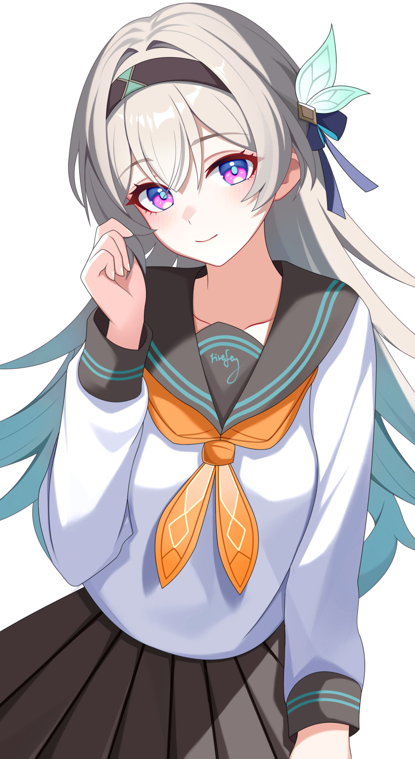 1girl absurdres black_hairband black_sailor_collar black_skirt black_wrist_cuffs closed_mouth collar firefly_(honkai:_star_rail) green_pupils grey_hair hair_between_eyes hair_intakes hair_ornament hair_ribbon hairband highres honkai:_star_rail honkai_(series) kenomotsu_yukuwa light_blush long_sleeves multicolored_eyes neckerchief orange_neckerchief pleated_skirt ribbon sailor_collar shirt simple_background skirt smile solo two-tone_eyes white_background white_collar white_shirt wrist_cuffs