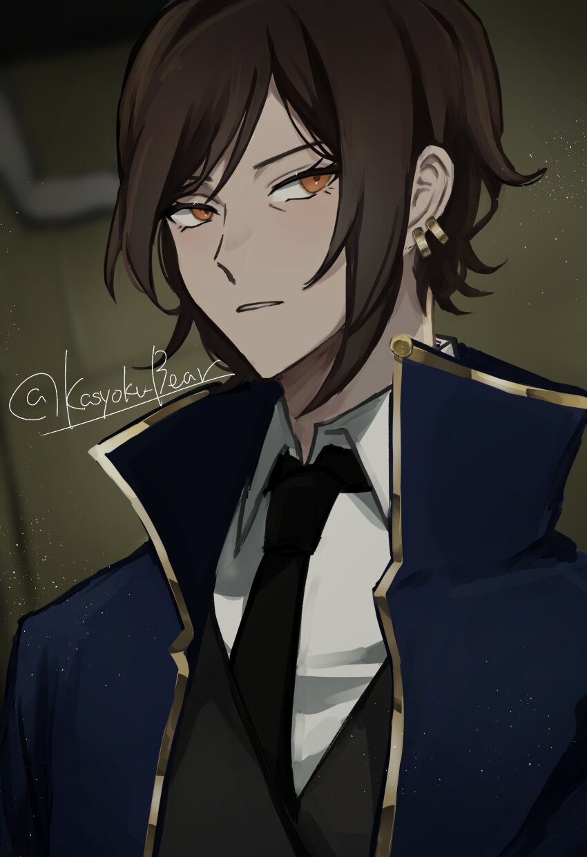 1girl absurdres artist_name black_necktie black_vest blue_coat brown_hair coat collared_shirt commentary_request der_freischuetz_(project_moon) e.g.o_(project_moon) earrings gold_trim highres indoors jewelry kasyoku_bear limbus_company lobotomy_corporation magic_bullet_(e.g.o) necktie orange_eyes outis_(project_moon) parted_lips project_moon shirt short_hair sidelocks solo teeth upper_body vest white_shirt wing_collar