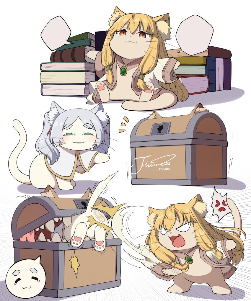 absurdres animal animal_ear_fluff animalization blonde_hair book book_stack cat clothed_animal frieren grey_hair highres j_humbo mimic mimic_chest no_humans serie_(sousou_no_frieren) sousou_no_frieren