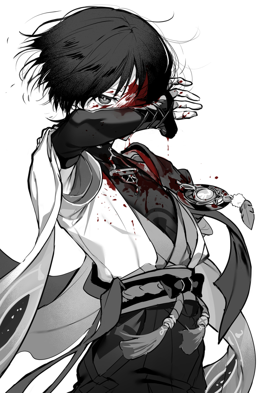 1boy arm_up bishounen blood blood_on_clothes blood_on_face blood_splatter buku2_suisou covered_face covering_own_mouth cowboy_shot dripping genshin_impact greyscale highres looking_at_viewer male_focus missing_limb monochrome no_headband one_eye_closed open_hand perspective scaramouche_(genshin_impact) short_hair simple_background solo spot_color standing three_quarter_view unkempt vision_(genshin_impact) wanderer_(genshin_impact) white_background wind