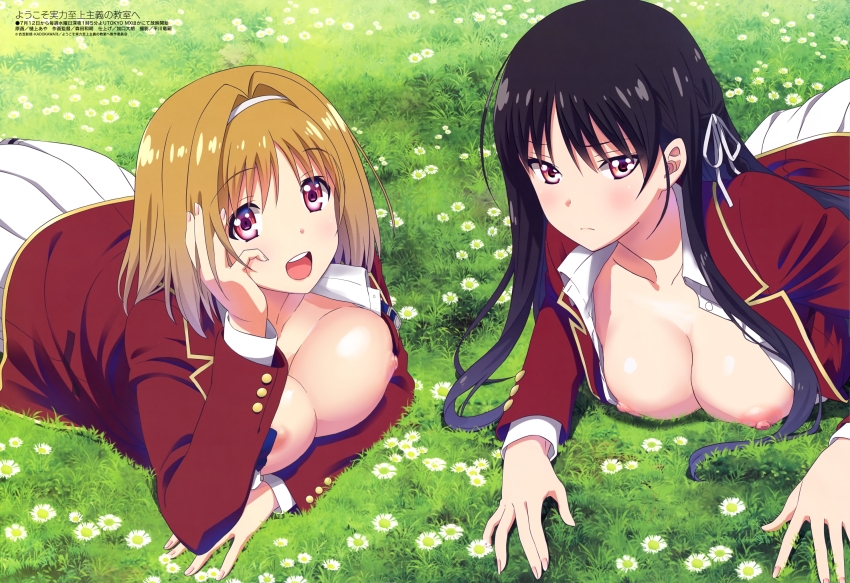 2girls :d advanced_nurturing_high_school_uniform black_hair blazer blue_bow blue_bowtie blush bow bowtie bra breasts breasts_out buttons closed_mouth collarbone collared_shirt daisy day dress_shirt fingernails flower grass hair_intakes hair_ornament hair_ribbon hand_on_own_cheek hand_on_own_face head_rest higami_aya highres horikita_suzune jacket kushida_kikyou large_breasts long_fingernails long_hair long_sleeves looking_at_viewer lying megami_magazine miniskirt multiple_girls nail_polish nipples no_bra nude_filter on_stomach open_clothes open_jacket open_mouth open_shirt orange_bra orange_hair outdoors pink_lips pink_nails pleated_skirt red_eyes red_jacket ribbon school_uniform shirt short_hair skirt smile teeth third-party_edit underwear upper_teeth_only white_bra white_flower white_shirt white_skirt youkoso_jitsuryoku_shijou_shugi_no_kyoushitsu_e