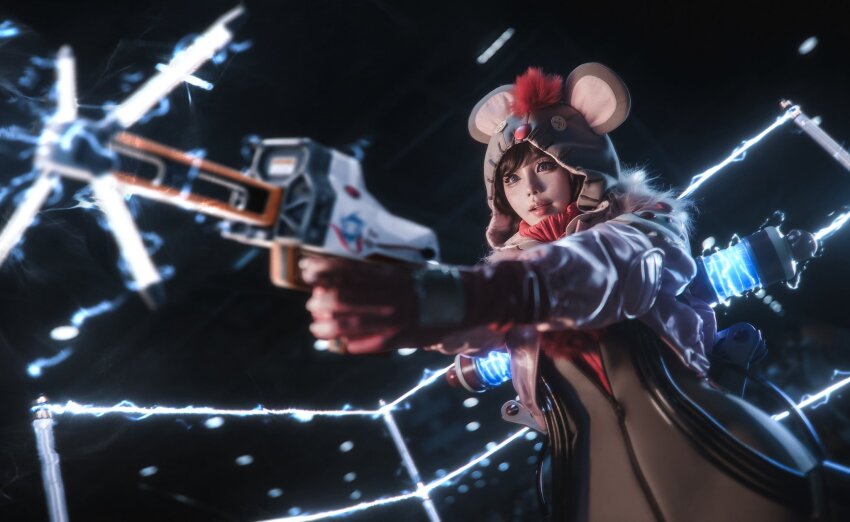 1girl apex_legends asian black_hair blue_eyes blurry blurry_foreground boots commentary cosplay cosplay_photo di_guan energy_reader_(apex_legends) english_commentary final_fantasy final_fantasy_vii final_fantasy_vii_rebirth final_fantasy_vii_remake fingerless_gloves floating fur-trimmed_jacket fur_trim gloves grey_thighhighs highres holding holding_weapon hood hood_up hoodie jacket kupo_power_wattson moogle moogle_(cosplay) official_alternate_costume parted_lips photo_(medium) pink_jacket red_boots red_gloves red_sweater ribbed_sweater rock short_hair solo surprised sweater thighhighs wattson_(apex_legends) weapon