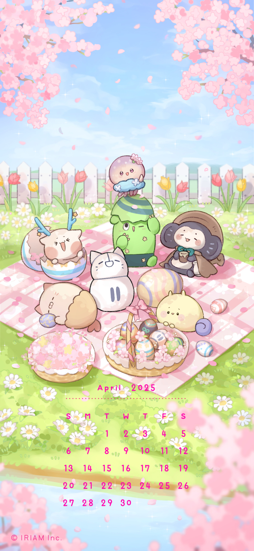 &gt;_&lt; 2025 :d absurdres antlers basket blue_sky blurry bukucha_(iriam) calendar_(medium) commentary_request copyright_notice daisy_(flower) depth_of_field easter_egg egg eggshell fence flower grass highres horns hoshiika_(iriam) iriam monkey nekocoro_(iriam) no_humans official_art open_mouth picnic_blanket pink_flower red_flower sabobon_(iriam) shirasu_(iriam) shrimp_tail sky smile tsumumaru_(iriam) white_flower yellow_flower yuramii_(iriam)