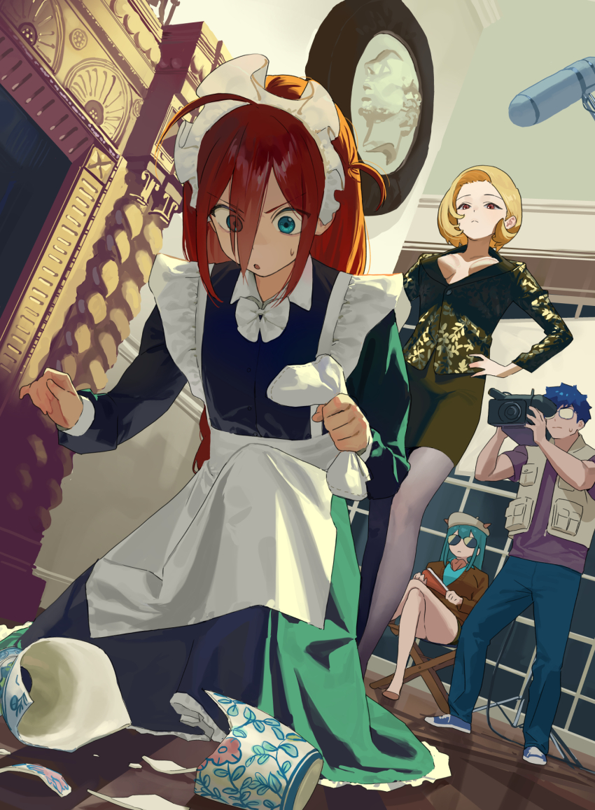 1boy 3girls ahoge apron aqua_eyes aqua_hair aqua_shirt asymmetrical_hair black_dress blonde_hair blue_footwear blue_hair blue_pants blunt_bangs breasts broken_vase brown_footwear brown_jacket chaucer_(some1else45) choppy_bangs cleavage crossed_legs director director&#039;s_chair double-parted_bangs dress fireplace glasses grey_pantyhose hair_between_eyes hand_on_own_hip highres hipa_(some1else45) holding holding_towel jacket kneeling long_hair maid maid_apron medium_breasts medium_hair multiple_girls nahia_(some1else45) nervous original pants pantyhose purple_shirt recording red_eyes red_hair sekoshi_(some1else45) shirt shoes short_hair side_ahoge sitting small_breasts sneakers some1else45 spiked_hair stage standing sunglasses towel white_apron wide-eyed