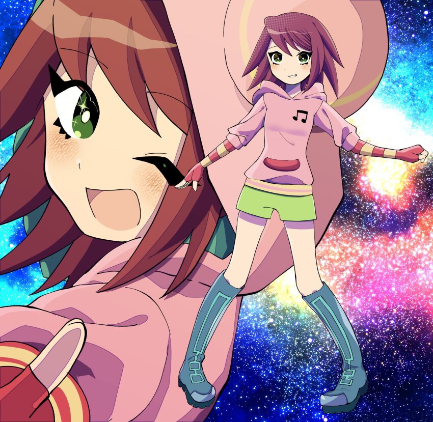 1girl aqua_boots boots close-up full_body green_shorts highres hood hood_down hood_up hoodie koshianpancake mega_man_(series) mega_man_battle_network_(series) mega_man_star_force_(series) multiple_views musical_note one_eye_closed pink_hoodie red_hair short_hair shorts sonia_strumm_(mega_man) star_(sky)