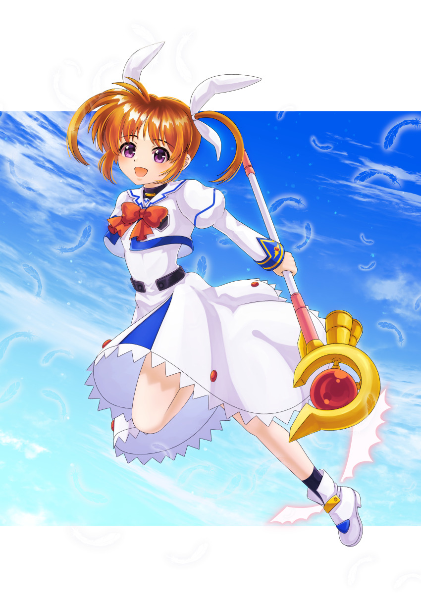 1girl absurdres ankle_wings boots border bow bowtie collared_dress commentary_request day dress full_body hair_ribbon highres holding holding_staff jumping jyouka long_dress long_sleeves lyrical_nanoha mage_staff mahou_shoujo_lyrical_nanoha medium_hair open_mouth orange_hair outside_border purple_eyes raising_heart red_bow red_bowtie ribbon sky solo staff takamachi_nanoha two_side_up white_boots white_border white_dress white_ribbon wings