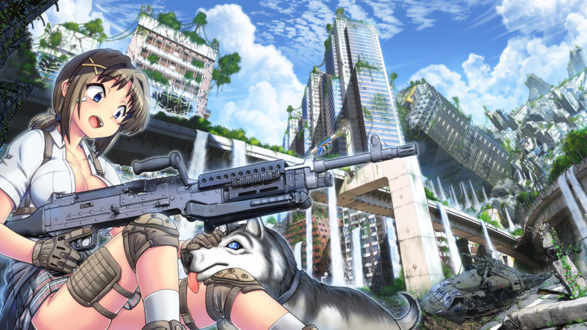 1girl aircraft bipod blue_eyes blue_sky breasts brown_gloves brown_hair cloud damaged day dog gloves grey_skirt gun hair_ornament hase_yu helicopter holding holding_gun holding_weapon husky knee_pads large_breasts low_ponytail m240 machine_gun miniskirt open_mouth original outdoors petting plaid_clothes plaid_skirt ponytail ruins shirt short_ponytail short_sleeves sitting skirt sky socks trigger_discipline weapon white_shirt white_socks x_hair_ornament