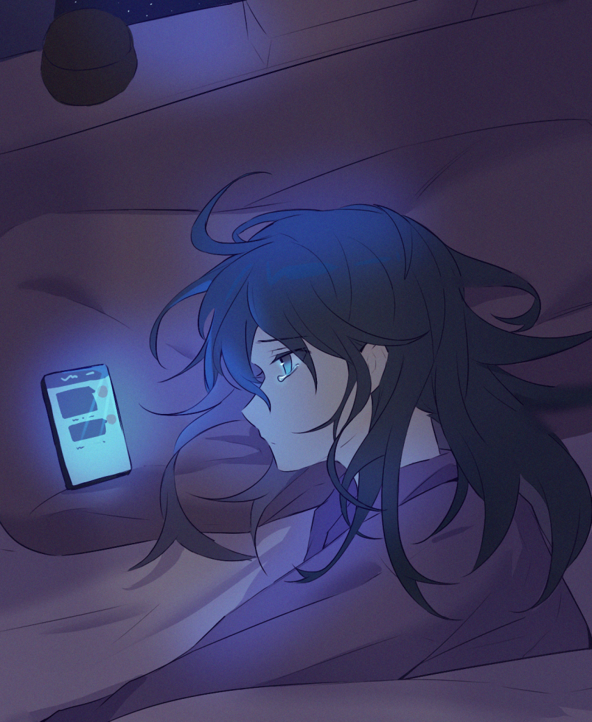 1girl bed bed_sheet black_hair blue_eyes cellphone closed_mouth eyes_visible_through_hair from_above furrowed_brow glowing highres hoshino_ichika_(project_sekai) indoors long_hair looking_afar lying messy_hair nape on_bed on_side pajamas phone fake_phone_screenshot pillow profile project_sekai sad smartphone solo tearing_up under_covers ximuye